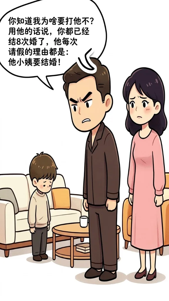 趣味漫画：老公教育儿子，小姨子过来阻止。老公生气的说：你小姨都已经结8次婚了，每次请假都是这个理由。小姨子：姐夫你让开，我来！ 第 4 张漫画