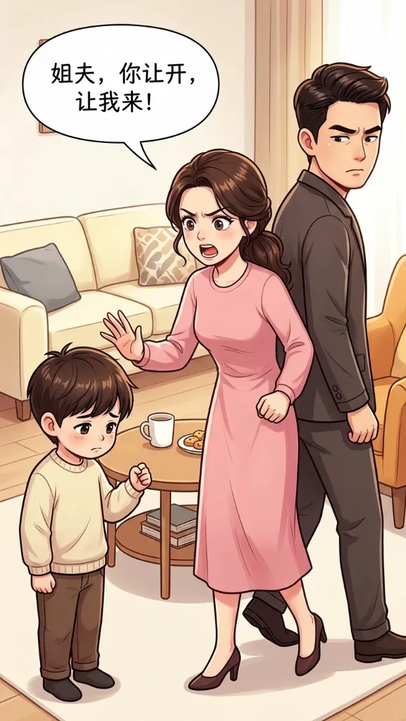趣味漫画：老公教育儿子，小姨子过来阻止。老公生气的说：你小姨都已经结8次婚了，每次请假都是这个理由。小姨子：姐夫你让开，我来！ 第 5 张漫画