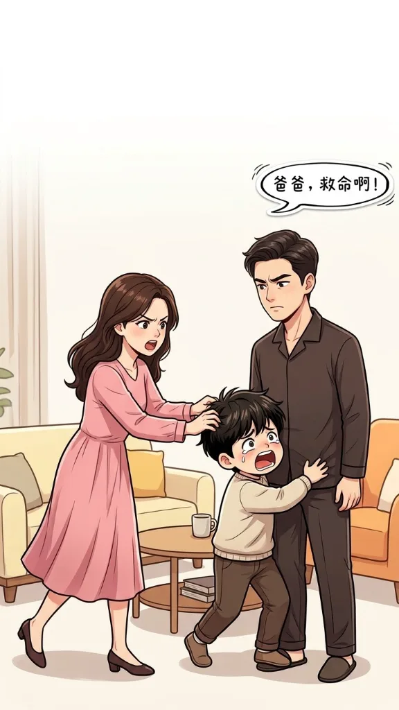趣味漫画：老公教育儿子，小姨子过来阻止。老公生气的说：你小姨都已经结8次婚了，每次请假都是这个理由。小姨子：姐夫你让开，我来！ 第 6 张漫画