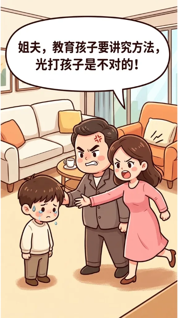 趣味漫画：老公教育儿子，小姨子过来阻止。老公生气的说：你小姨都已经结8次婚了，每次请假都是这个理由。小姨子：姐夫你让开，我来！ 第 3 张漫画