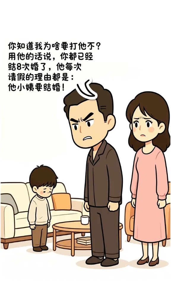趣味漫画：老公教育儿子，小姨子过来阻止。老公生气的说：你小姨都已经结8次婚了，每次请假都是这个理由。小姨子：姐夫你让开，我来！ 第 4 张漫画