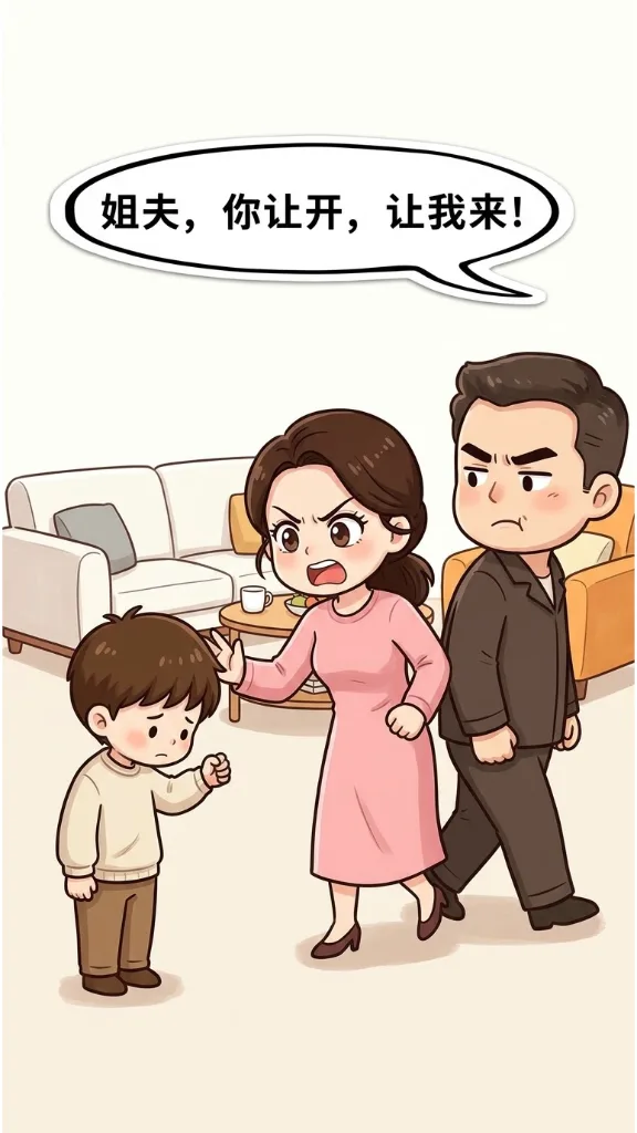 趣味漫画：老公教育儿子，小姨子过来阻止。老公生气的说：你小姨都已经结8次婚了，每次请假都是这个理由。小姨子：姐夫你让开，我来！ 第 5 张漫画