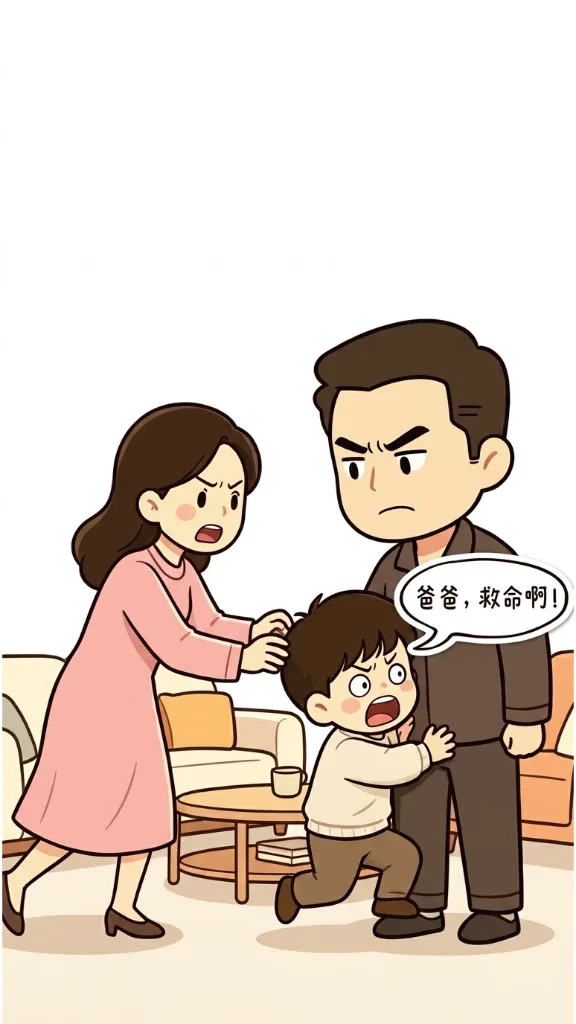 趣味漫画：老公教育儿子，小姨子过来阻止。老公生气的说：你小姨都已经结8次婚了，每次请假都是这个理由。小姨子：姐夫你让开，我来！ 第 6 张漫画