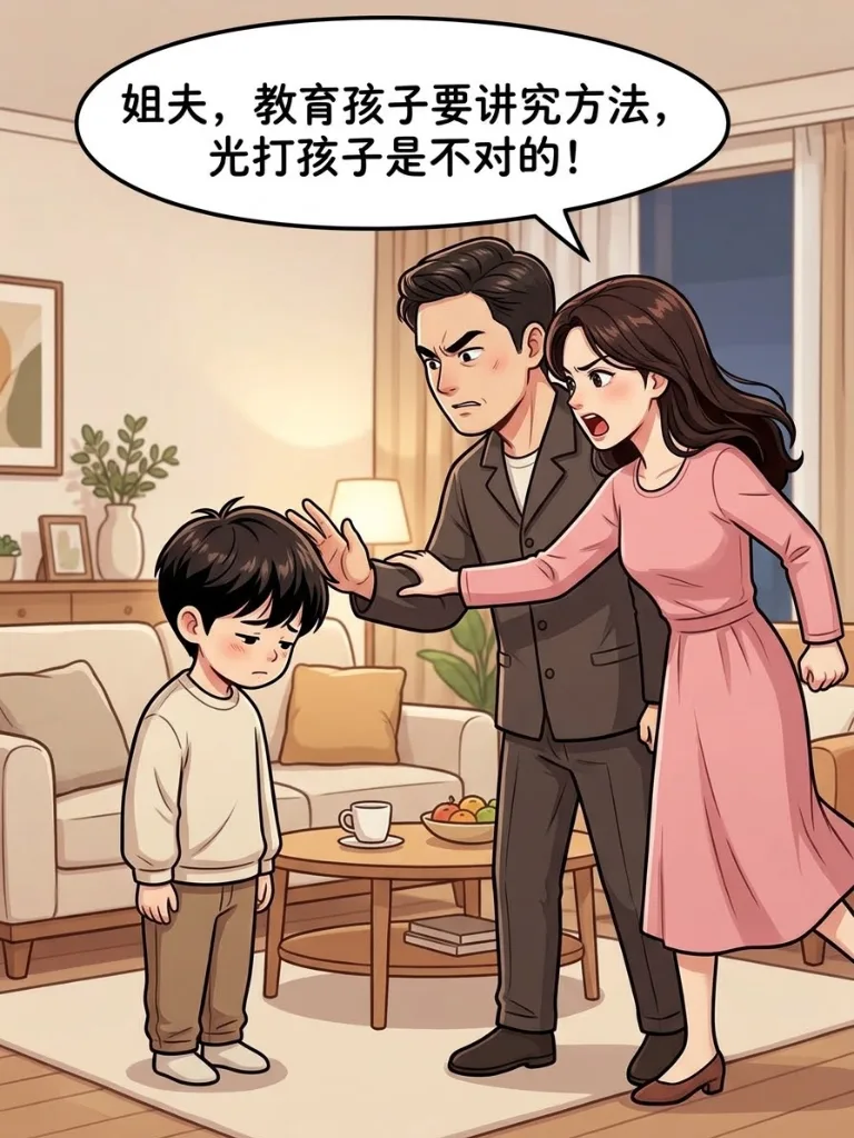 趣味漫画：老公教育儿子，小姨子过来阻止。老公生气的说：你小姨都已经结8次婚了，每次请假都是这个理由。小姨子：姐夫你让开，我来！ 第 3 张漫画