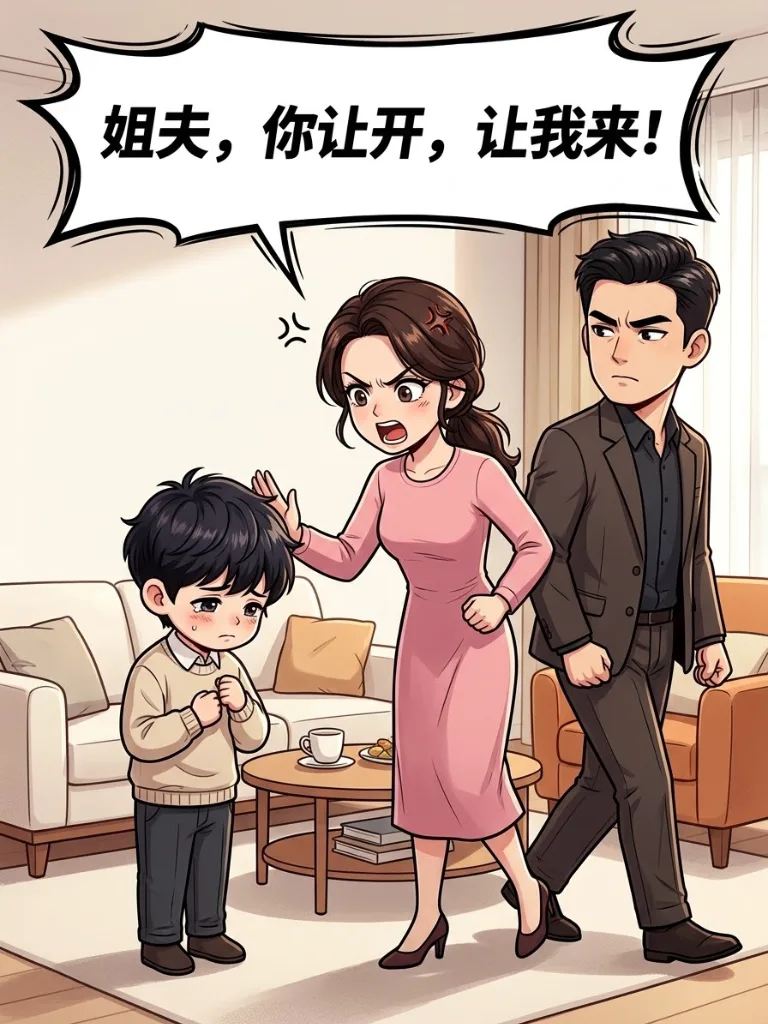 趣味漫画：老公教育儿子，小姨子过来阻止。老公生气的说：你小姨都已经结8次婚了，每次请假都是这个理由。小姨子：姐夫你让开，我来！ 第 5 张漫画