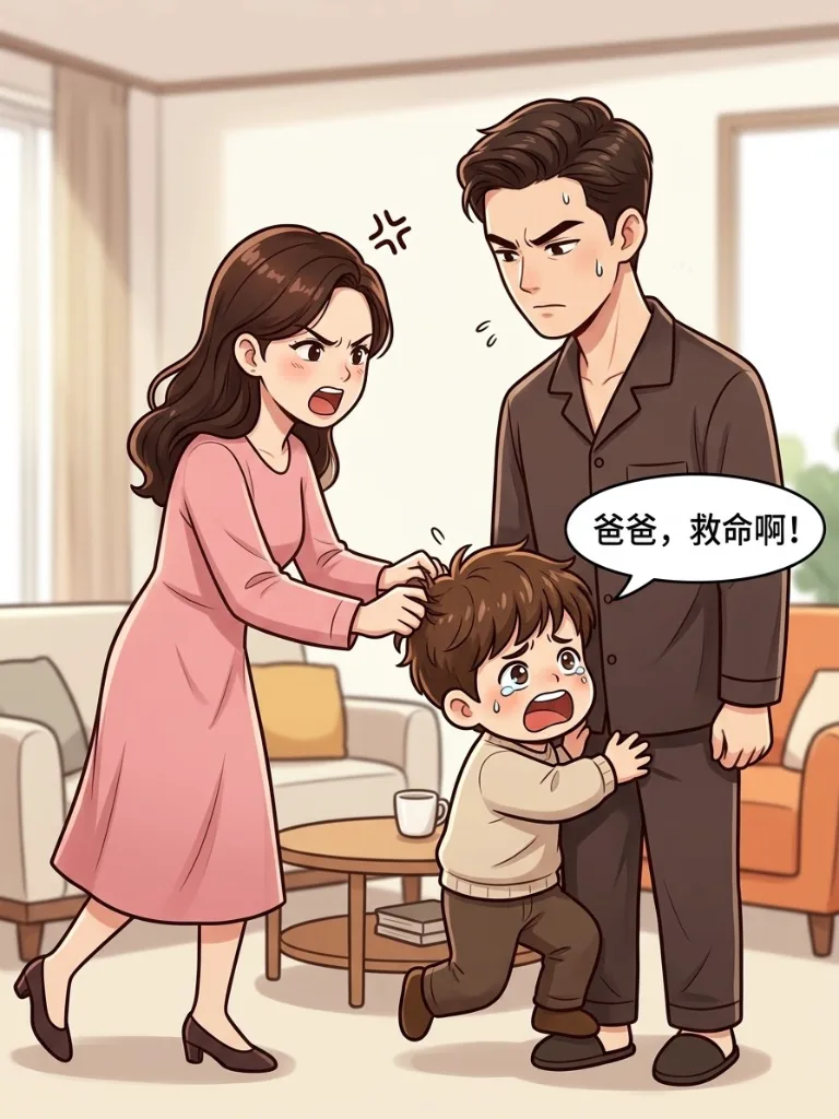 趣味漫画：老公教育儿子，小姨子过来阻止。老公生气的说：你小姨都已经结8次婚了，每次请假都是这个理由。小姨子：姐夫你让开，我来！ 第 6 张漫画