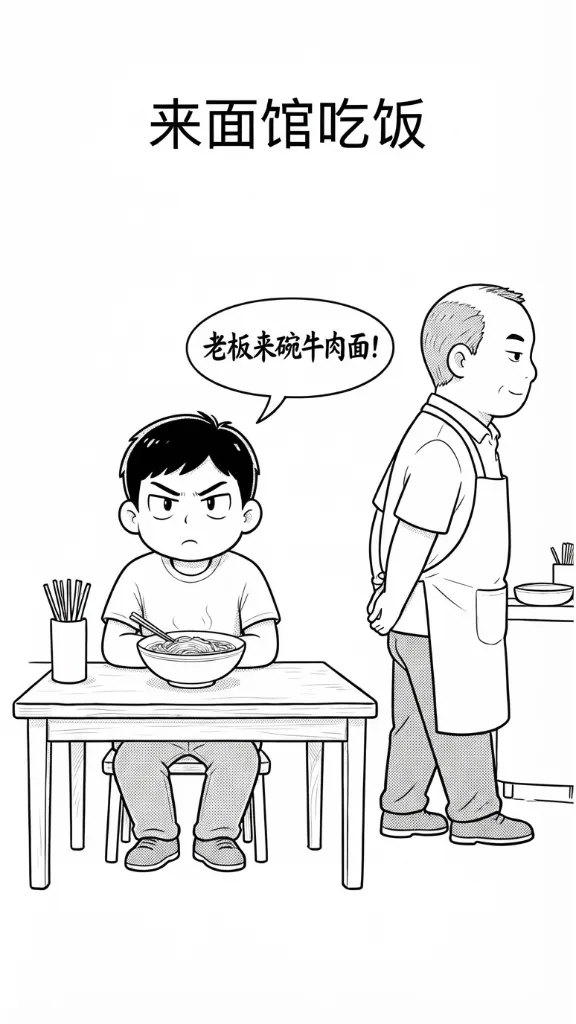 趣味漫画：老板，来一碗牛肉面！老板：好的。我：老板，牛肉面怎么没有牛肉？老板：别拿名字当一回事！难道你还指望从老婆饼里吃出老婆！漫画封面