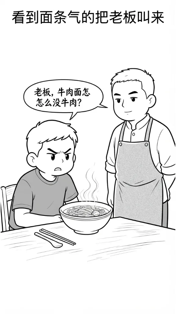 趣味漫画：老板，来一碗牛肉面！老板：好的。我：老板，牛肉面怎么没有牛肉？老板：别拿名字当一回事！难道你还指望从老婆饼里吃出老婆！ 第 2 张漫画