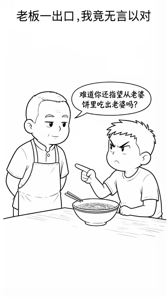 趣味漫画：老板，来一碗牛肉面！老板：好的。我：老板，牛肉面怎么没有牛肉？老板：别拿名字当一回事！难道你还指望从老婆饼里吃出老婆！ 第 4 张漫画