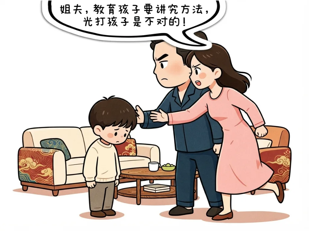 趣味漫画：老公教育儿子，小姨子过来阻止。老公生气的说：你小姨都已经结8次婚了，每次请假都是这个理由。小姨子：姐夫你让开，我来！ 第 3 张漫画