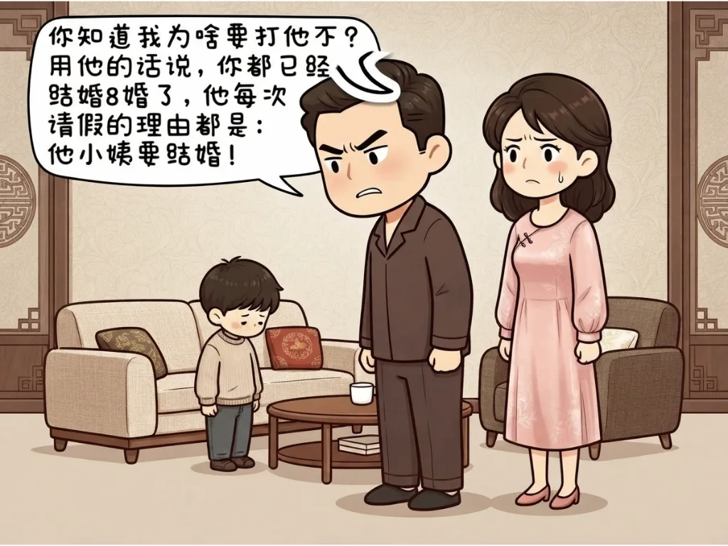 趣味漫画：老公教育儿子，小姨子过来阻止。老公生气的说：你小姨都已经结8次婚了，每次请假都是这个理由。小姨子：姐夫你让开，我来！ 第 4 张漫画
