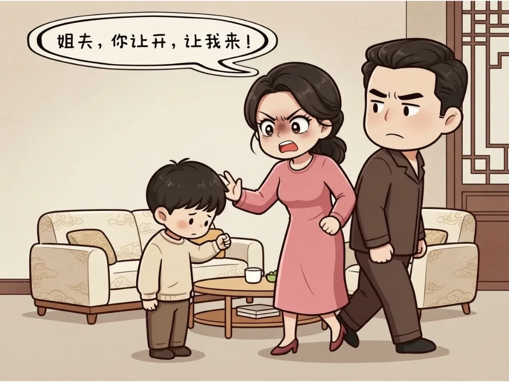 趣味漫画：老公教育儿子，小姨子过来阻止。老公生气的说：你小姨都已经结8次婚了，每次请假都是这个理由。小姨子：姐夫你让开，我来！ 第 5 张漫画
