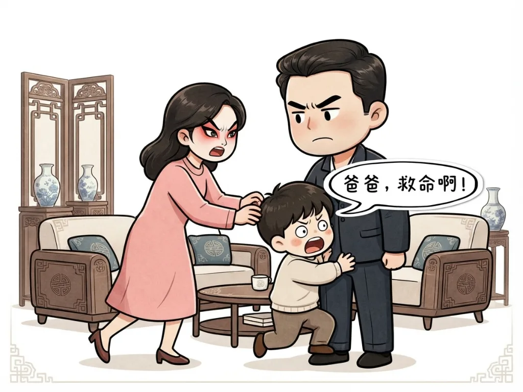趣味漫画：老公教育儿子，小姨子过来阻止。老公生气的说：你小姨都已经结8次婚了，每次请假都是这个理由。小姨子：姐夫你让开，我来！ 第 6 张漫画